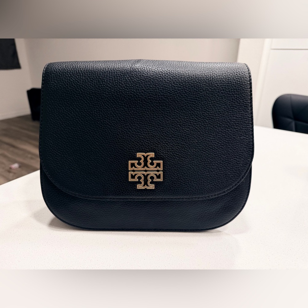Tory Burch Britten Black Pebbled Leather Crossbody with Gold Logo flap